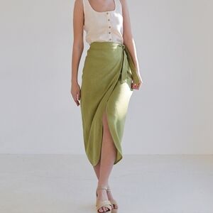 Linen ID Studio Olive Green Wrap Midi Skirt Size 8 small